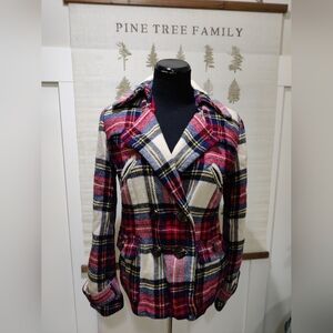American Eagle Plaid Peacoat Jacket Size M | Red Navy Cream Double Breasted Coat
